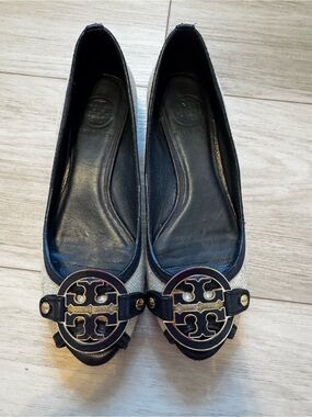 Tory Burch Navy Canvas Wedge EUC